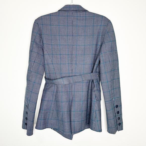 Jonathan Simkhai Womens Jacket Blazer Plaid Double Breasted Belted Blue Size 8 - Picture 2 of 7